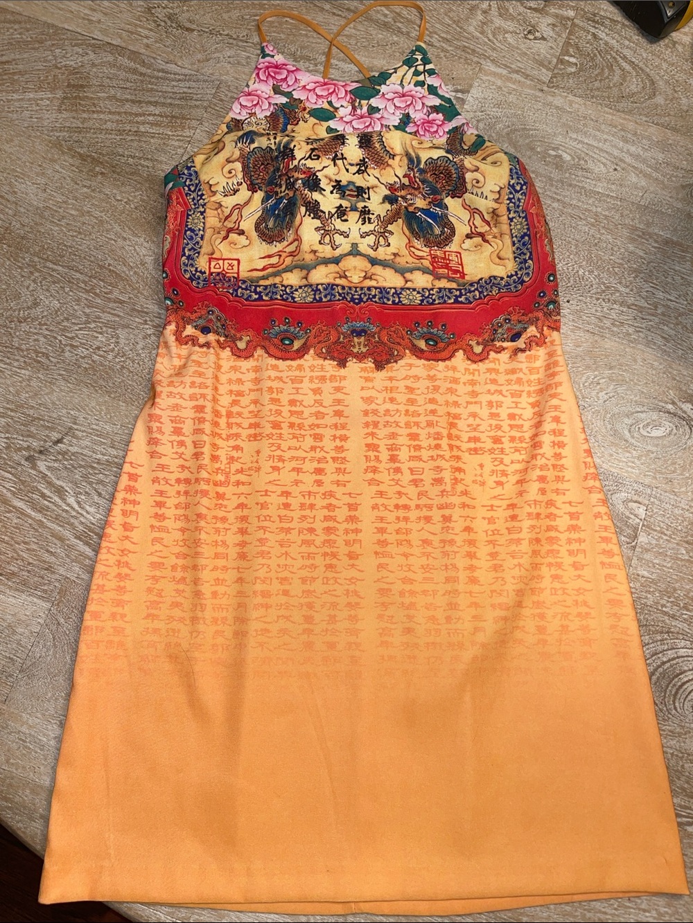Vintage 90s 2000s Y2K Halter Sun Dress Cutout-back Oriental Print Rayon size 5